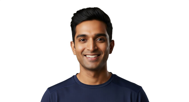Smiling South Asian fitness instructor, 26-31, for New Year, New You campaigns, health, gym promotions, and wellness content. Professional athletic headshot, isolated on transparent background.