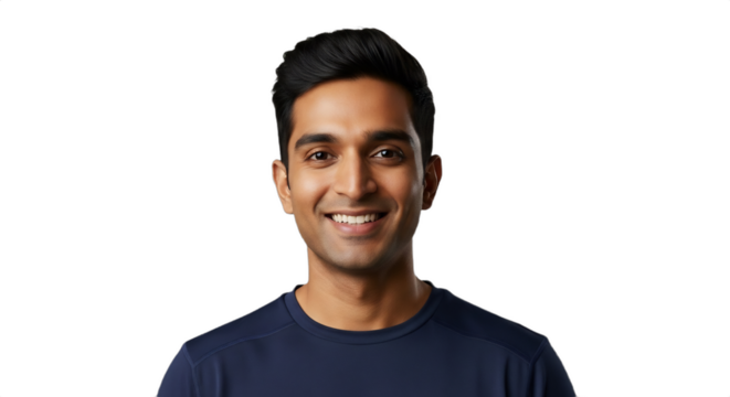 Smiling South Asian fitness instructor, 26-31, for New Year, New You campaigns, health, gym promotions, and wellness content. Professional athletic headshot, isolated on transparent background. - Powered by Adobe