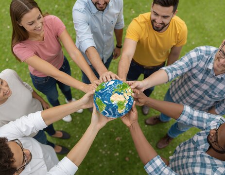 A group of diverse people holding hands around a globe in a circle