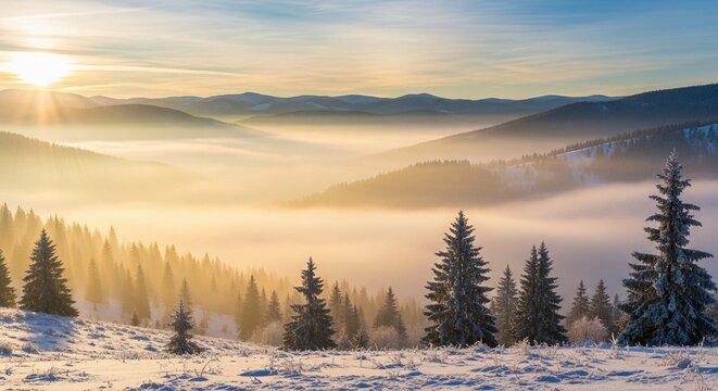 Misty valley sunrise over winter landscape with glowing sunlight, frozen trees, and serene atmospheric beauty embracing quiet dawn wilderness