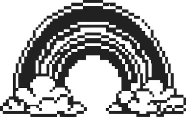 Fototapeta premium Monochrome pixel rainbow with clouds, retro digital black and white 8 bit illustration, minimal aesthetic icon