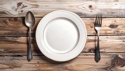 Top-down view of a pristine, empty, white plate with a gold rim, flanked by antique silver spoon and fork, set on rustic wood