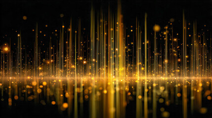 Abstract glowing golden light beams and particles creating a futuristic digital landscape with vibrant vertical lines and sparkling dots on a dark background