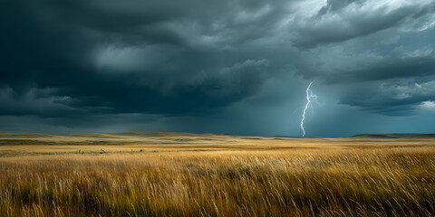 Fototapeta premium A striking bolt of lightning illuminates the darkening sky over golden grasslands as a thunderstorm approaches