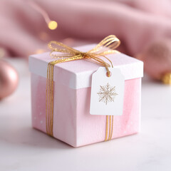 Elegant pink gift box with golden ribbon and snowflake tag on soft pastel background, perfect for Christmas greeting cards, branding, packaging, or festive lifestyle design projects.