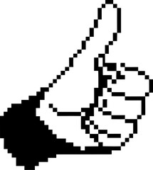 Fototapeta premium Pixel art thumbs up hand gesture, retro digital approval icon, monochrome graphic symbol for positive feedback, success, support