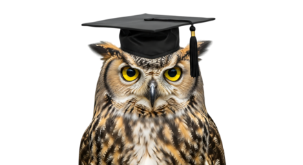 Great Horned Owl wearing a black graduation cap with a gold tassel, cutout, PNG isolated on white or transparent background