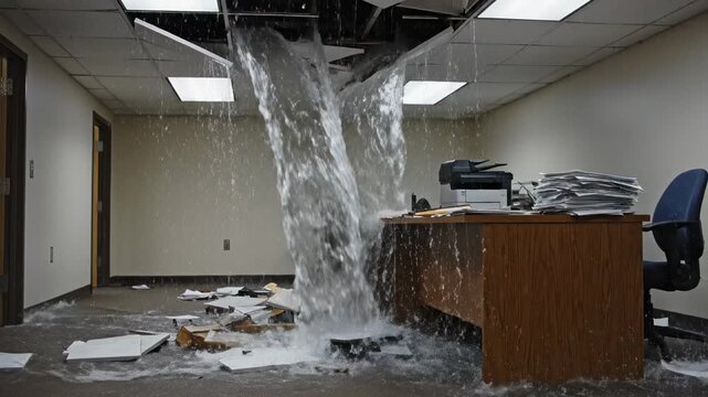 Ceiling collapse and water flooding office in business center, indoor flood incident video