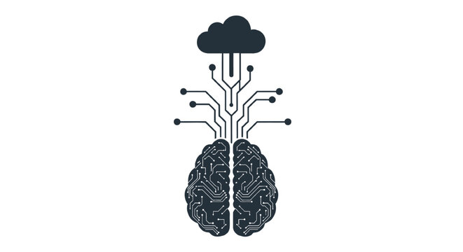 Digital brain connected to a cloud through intricate circuitry representing artificial intelligence and cloud computing integration
