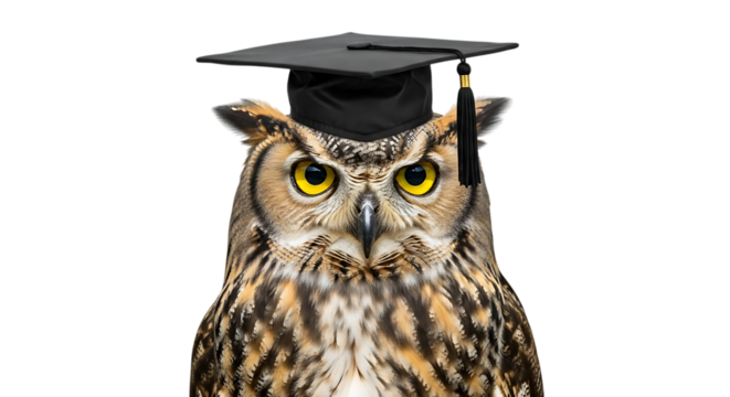 Great Horned Owl wearing a black graduation cap with a gold tassel, cutout, PNG isolated on white or transparent background