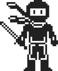 Obraz premium Retro pixel ninja character with sword and bandana, 8 bit arcade black and white video game avatar