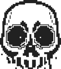 Obraz premium Pixelated skull illustration with melting effect retro black and white digital art, eerie horror, spooky gothic design