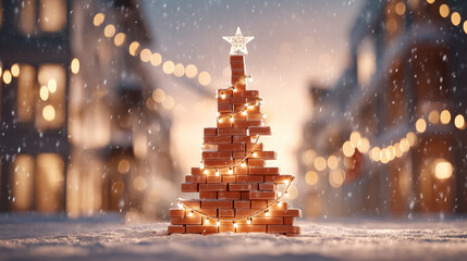 Creative Christmas tree made of red bricks decorated with Christmas lights on a construction site, perfect for holiday industry greetings, marketing campaigns, or festive design concepts.