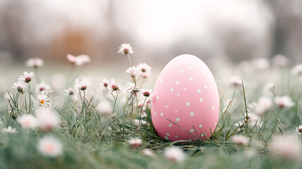 Pink Easter egg with white dots lying on delicate spring grass with field flowers and copy space. Perfect for holiday greeting cards, spring design, and festive backgrounds.