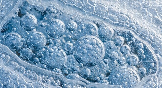 Macro view of frozen bubbles beneath icy surface, intricate shapes and transparency creating stunning winter abstract pattern in cold frozen clarity - Powered by Adobe