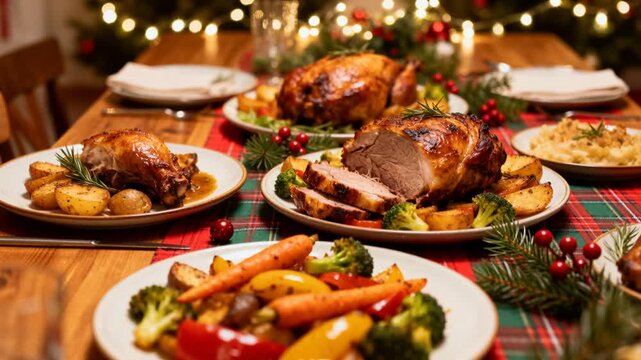 lively holiday gathering showcasing flavorful food assortment, including meats, veggies, and festive decorative touches, perfect for thanksgiving christmas celebration footage or seasonal advertising