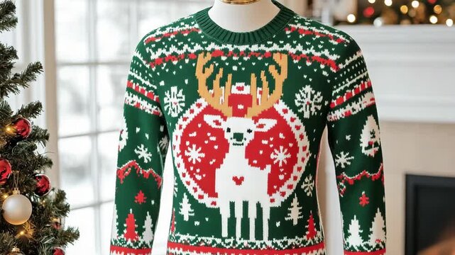selective focus holiday-themed sweater with snowflakes and reindeer
