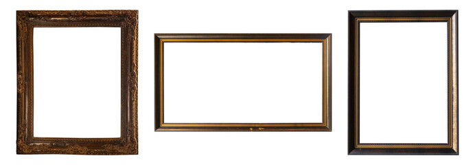 Set of three vintage brown and gold picture frames isolated on transparent background.