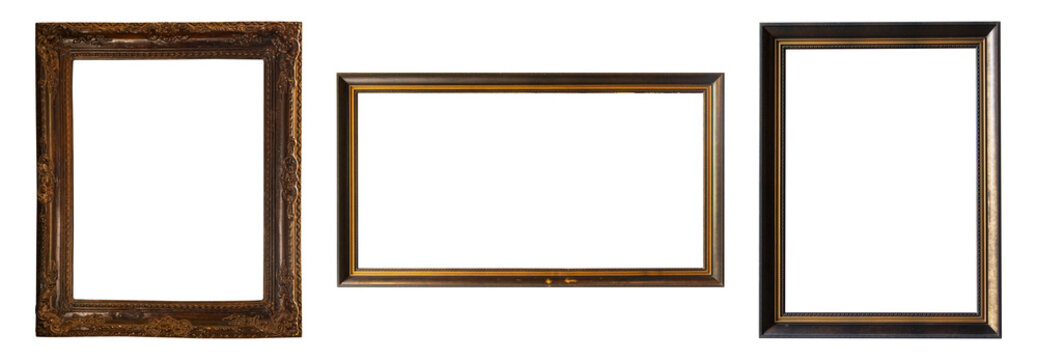 Set of three vintage brown and gold picture frames isolated on transparent background.