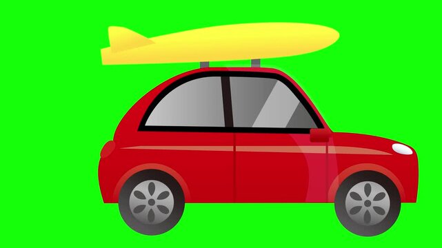 A small car carrying a surfboard to the beach