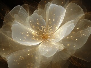 Elegant Fractal Bloom Golden Stamen Sparkling Petals Dark Abstract Environment Digital Flora Art Illustration