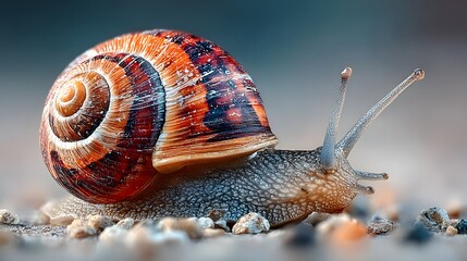 Hyper-detailed macro photo of a garden snail slowly moving across a gravel path. Its shell's intricate patterns and delicate antennae are in perfect focus against a blurred background.