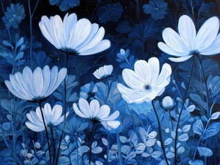 Stunning blue flower painting, an exquisite botanical artwork, capturing serene beauty of petals, soft light, dark background, ideal for elegant decor, garden-inspired artistry, nature's tranquility