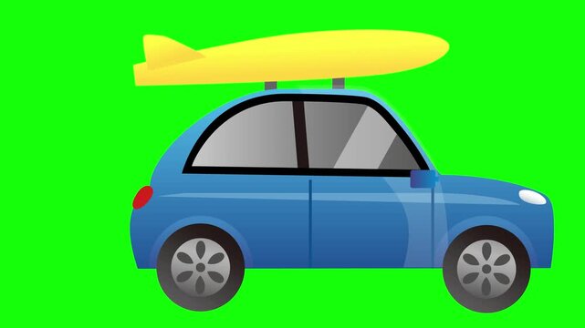 A small car carrying a surfboard to the beach