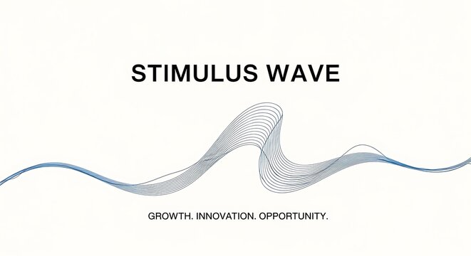 A minimalist graphic design featuring the text 'STIMULUS WAVE' above a flowing blue wave pattern, with 'GROWTH INNOVATION OPPORTUNITY' below.