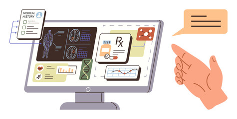 Computer screen displaying medical history, charts, prescriptions, gene sequence, and diagnostics with a hand gesturing and chat bubble. Ideal for healthcare, analysis, data, innovation science