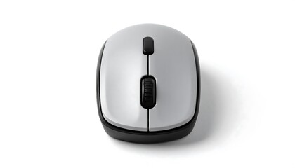 Top-down view of a wireless computer peripheral device. The device is light grey with black accents. It has two buttons and a scroll wheel