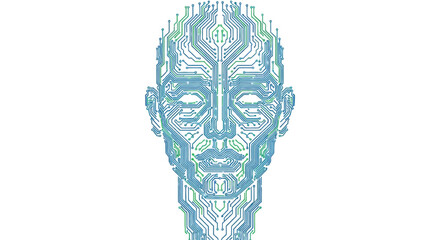 Obraz premium Abstract human face formed by intricate blue and green digital circuit board pathways on a white background