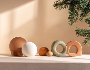 Minimalist Sculptural Christmas Scene with Geometric Objects and Pine Branch