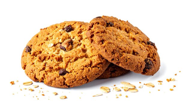 Two freshly baked chocolate chip cookies, positioned with slight overlap, resting on a white surface. Scattered oats suggest freshness and texture