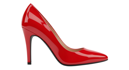 Shiny red stiletto high heel shoe with pointed toe and thin heel, cutout, PNG isolated on white or transparent background