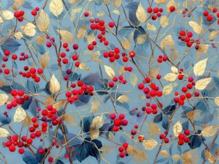 Golden Leaves Red Berries Blue Gray Background Intricate Botanical Pattern Artistic Seasonal Design
