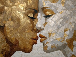 Stunning Mosaic Kiss Artwork Gold and White Shards Abstract Faces Interlocking Contemporary Design Textured Wall Art Installation