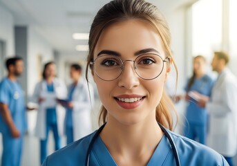 Fototapeta premium A smiling female doctor with glasses stands in a hospital hallway, surrounded by her medical team, conveying a sense of teamwork and patient care in a healthcare setting