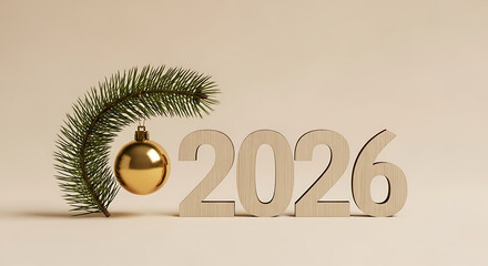 Aesthetic new year scene with wooden numbers, ornament, and pine branch for the year twenty twenty six