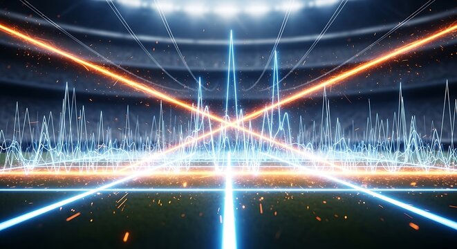 Futuristic sports stadium with glowing light beams and abstract data visualizations on the field.