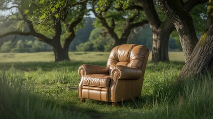 Comfortable brown leather armchair resting in a green meadow