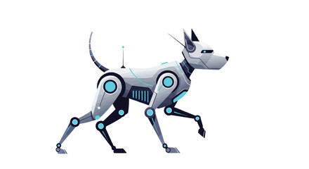 Obraz premium Futuristic robotic dog with glowing blue accents and antenna walking forward on a white background