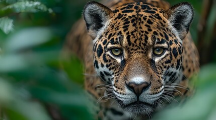 Magnificent jaguar walks through the dense, vibrant green foliage of the Amazon rainforest. Its spotted coat provides perfect camouflage as it looks intensely at the viewer.