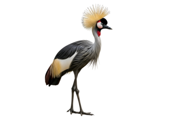 A striking grey crowned crane, displayed against a stark black background, showcasing its vibrant plumage and elegant posture.