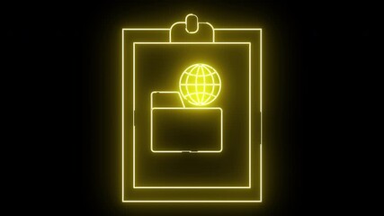 Yellow neon image of a clipboard holding a folder with a globe icon above against a black background