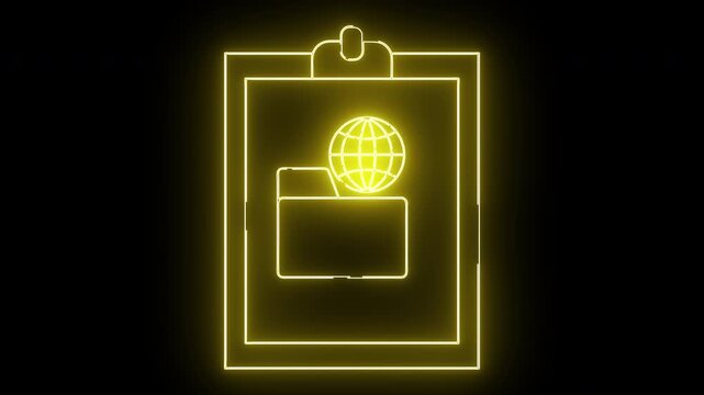 Yellow neon image of a clipboard holding a folder with a globe icon above against a black background