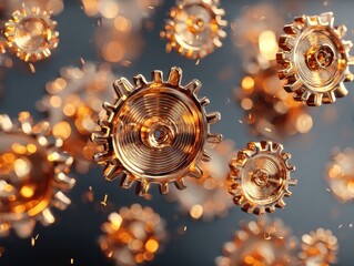 Abstract Gold Gears Floating in Air with Bokeh Lights Dynamic Industrial Motion Concept Shiny Mechanical Elements on Blurry Background