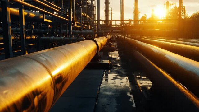 Industrial Pipes at Sunset: A network of industrial pipes basks in the warm glow of the setting sun, illuminating the intricate infrastructure of the factory.