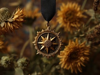 Golden Sunflower Medallion with Black Ribbon Against Blurry Autumn Floral Background Dandelion Compass Star Design Antique Jewelry Warm Tones