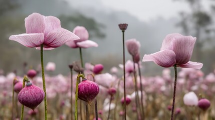 Obraz premium Pink Poppy Flowers Blooming in Misty Garden Scene